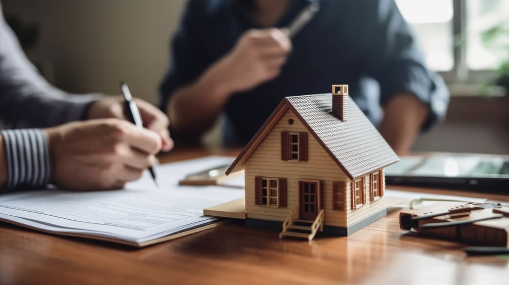 Dos personas firman un contrato con el objeto de una casa encima de una mesa. 