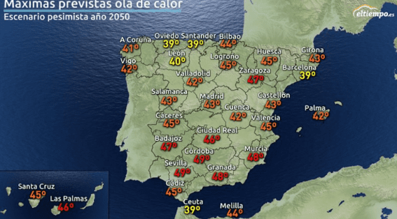 Un mapa de España con las capitales de provincia y las temperaturas estimadas para el 2050.