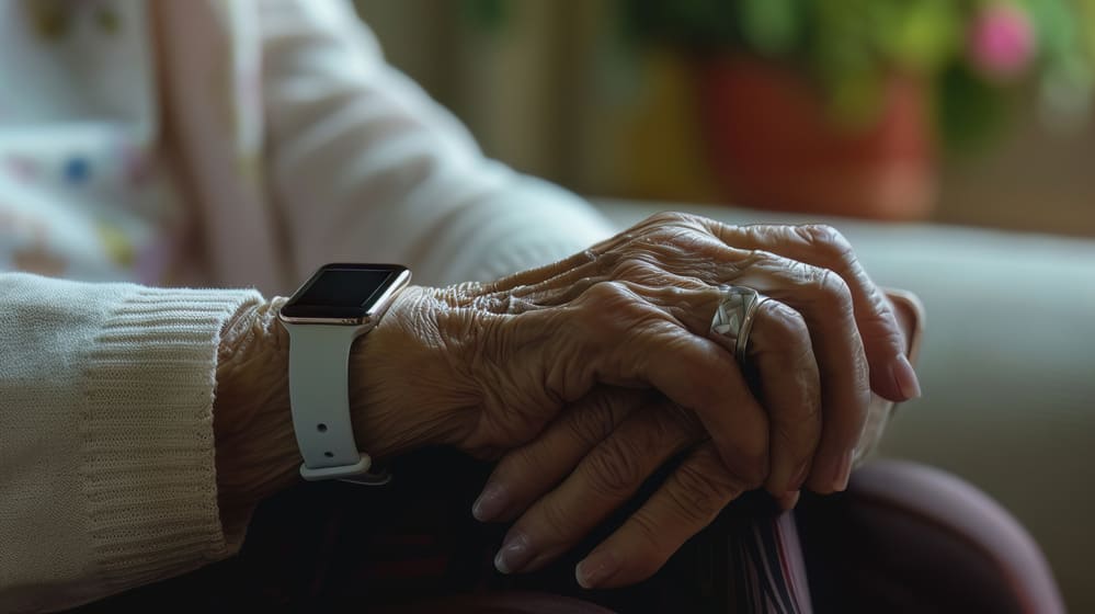 Un plano detalle de un brazo de una señora mayor con un reloj de teleasistencia en la muñeca. 