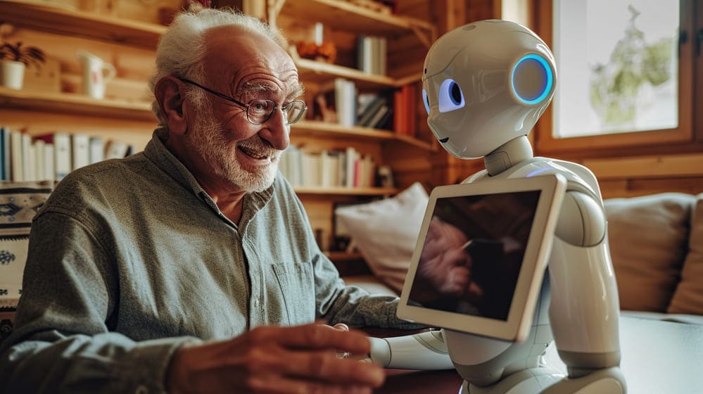 Un señor mayor interactúa con un robot que le cuida, que le está enseñando algo en la tablet. 