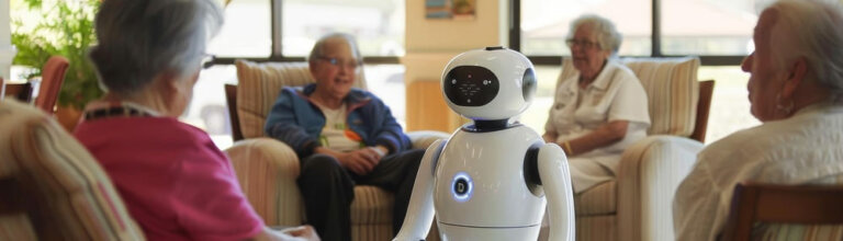 Un grupo de ancianas rodean a un robot con Inteligencia Artificial en un salón.