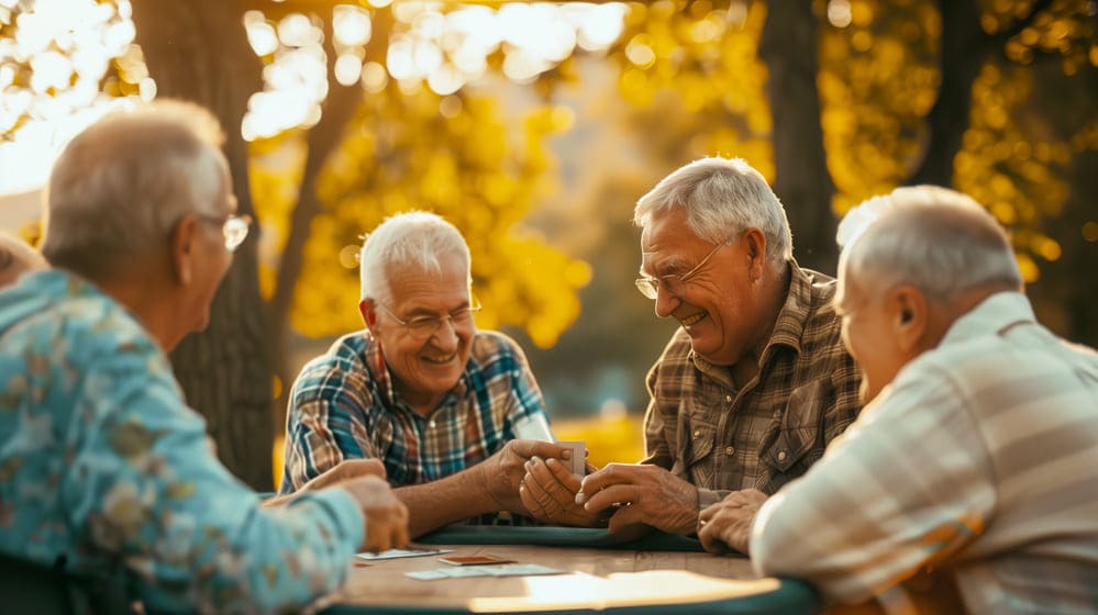 Unos señores mayores se relajan y ríen al aire libre mientras conversan. 