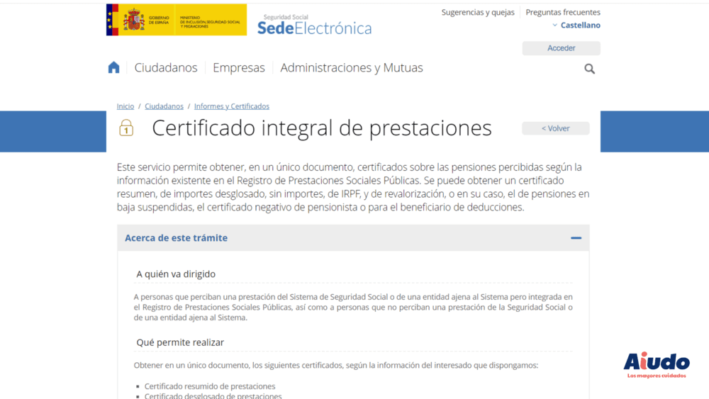 Una captura de pantalla de la página de inicio de la web de la Seguridad Social, en el apartado de certificado de prestaciones. 