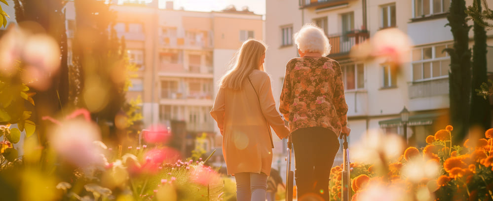 Una cuidadora anda con una señora mayor en la calle a plena luz del sol. 