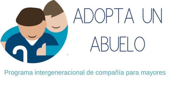 Una ilustración que muestra el logo de Adopta un abuelo, con un chico joven y otro anciano. 