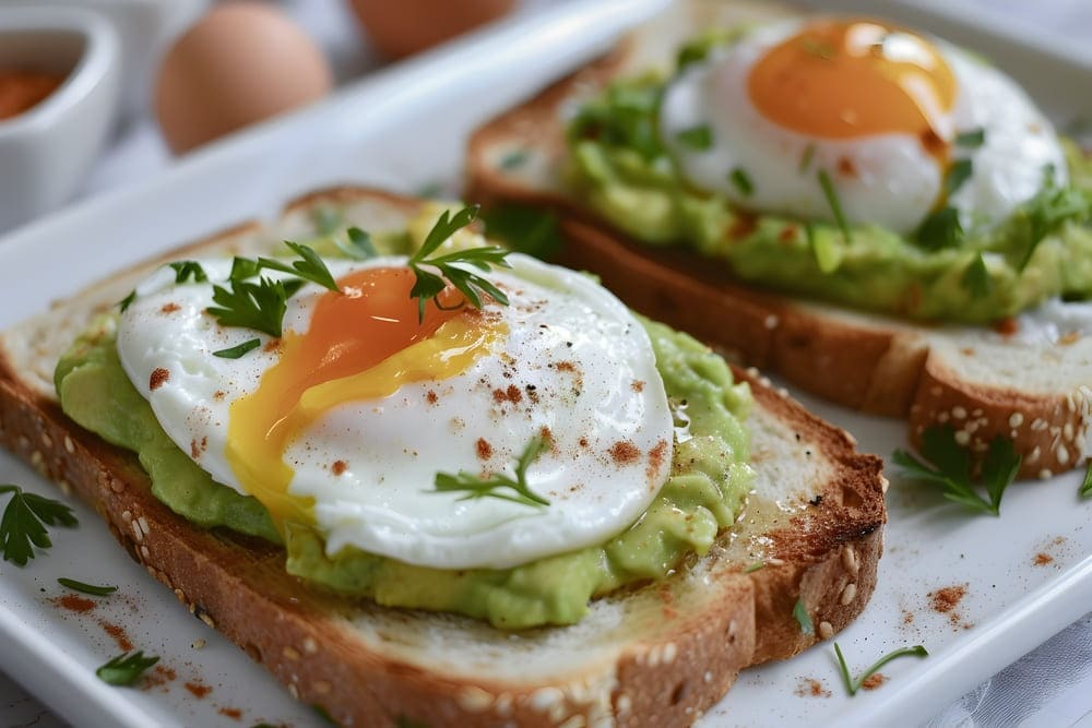 Dos tostadas con aguacate y huevos. 