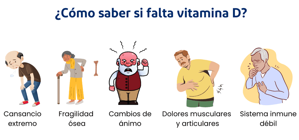 Una ilustración que muestra con dibujos los principales signos para saber si te falta vitamina D. 