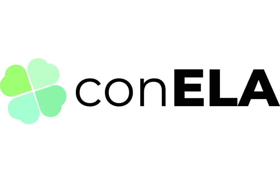 Una ilustración que muestra el logo de la asociación ConELA con letras en negro y un dibujo de una hoja de trébol. 