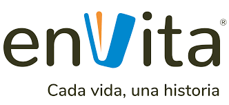 Una ilustración que muestra el logo de Envita, con letras negras y amarillas y azules. 