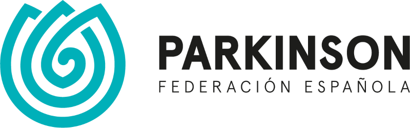 Una ilustración que muestra el logo de la Federación Española de Párkinson con letras en color negro. 