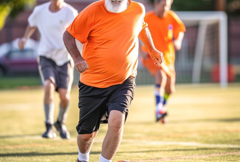 Un anciano en un campo de fútbol jugando.