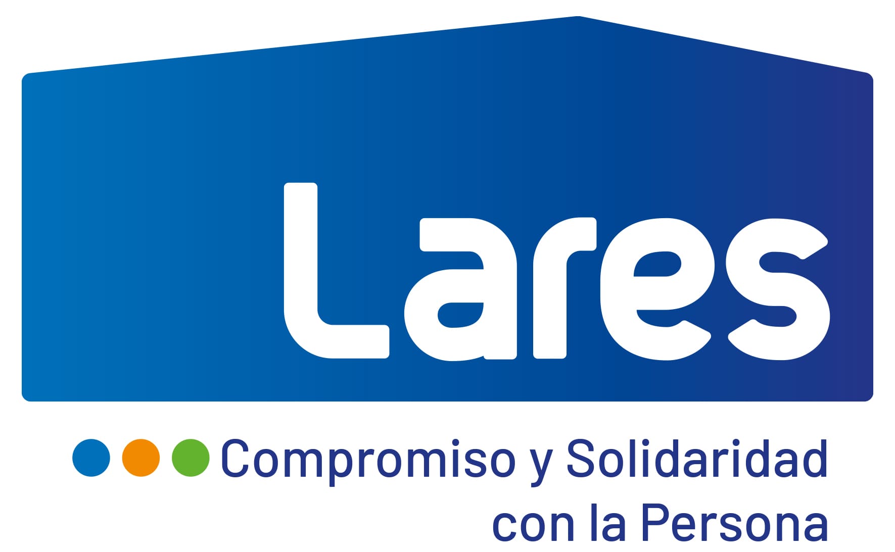 Una ilustración que muestra el logo del Grupo Social Lares, con letras en blanco y fondo azul. 