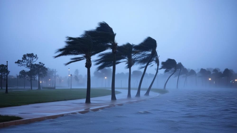 Una imagen de unas palmeras agitándose por el temporal de lluvia y viento en una carretera. 