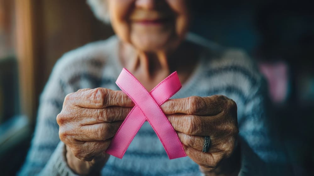 Una señora mayor sostiene con sus manos un lazo rosa, identificativo del cáncer de mama. 