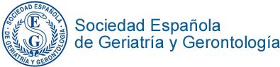 Una ilustración que muestra el logo de la Sociedad Española de Geriatría y Gerontología con las letras en azul. 