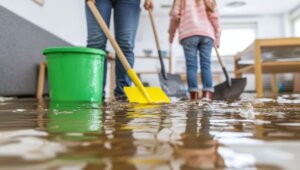 Dos chicos limpian el interior de una casa que está inundada con recogedores y escobas.