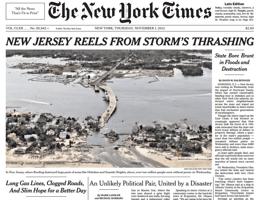 Una portada del periódico The New York Times que informa de las consecuencias de un huracán. 