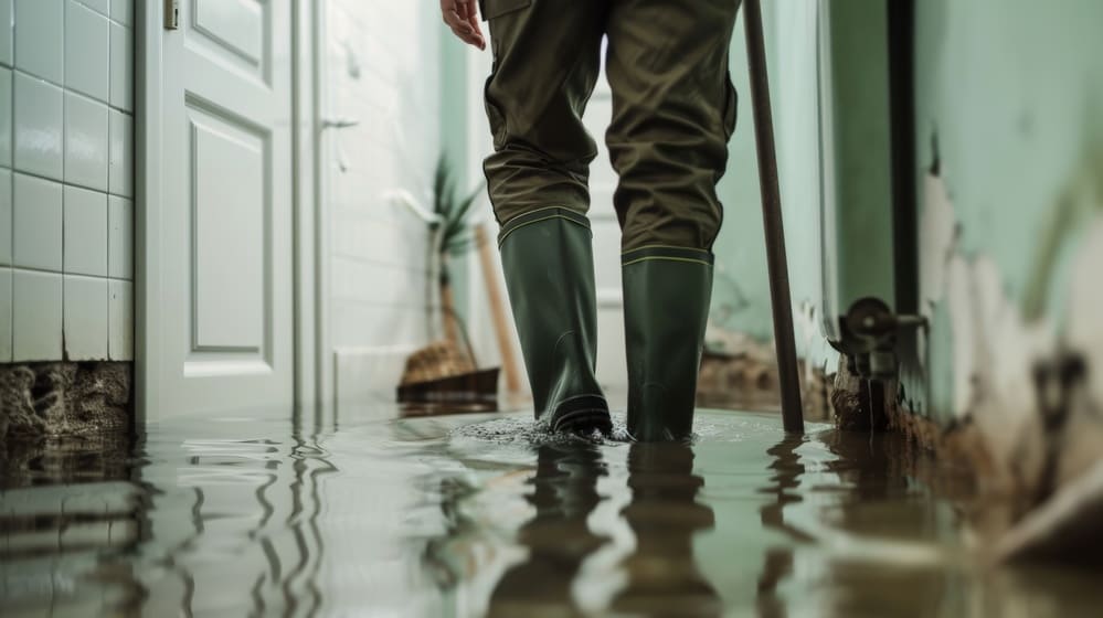 Una imagen de las piernas de un hombre en el interior de un hogar inundado. 