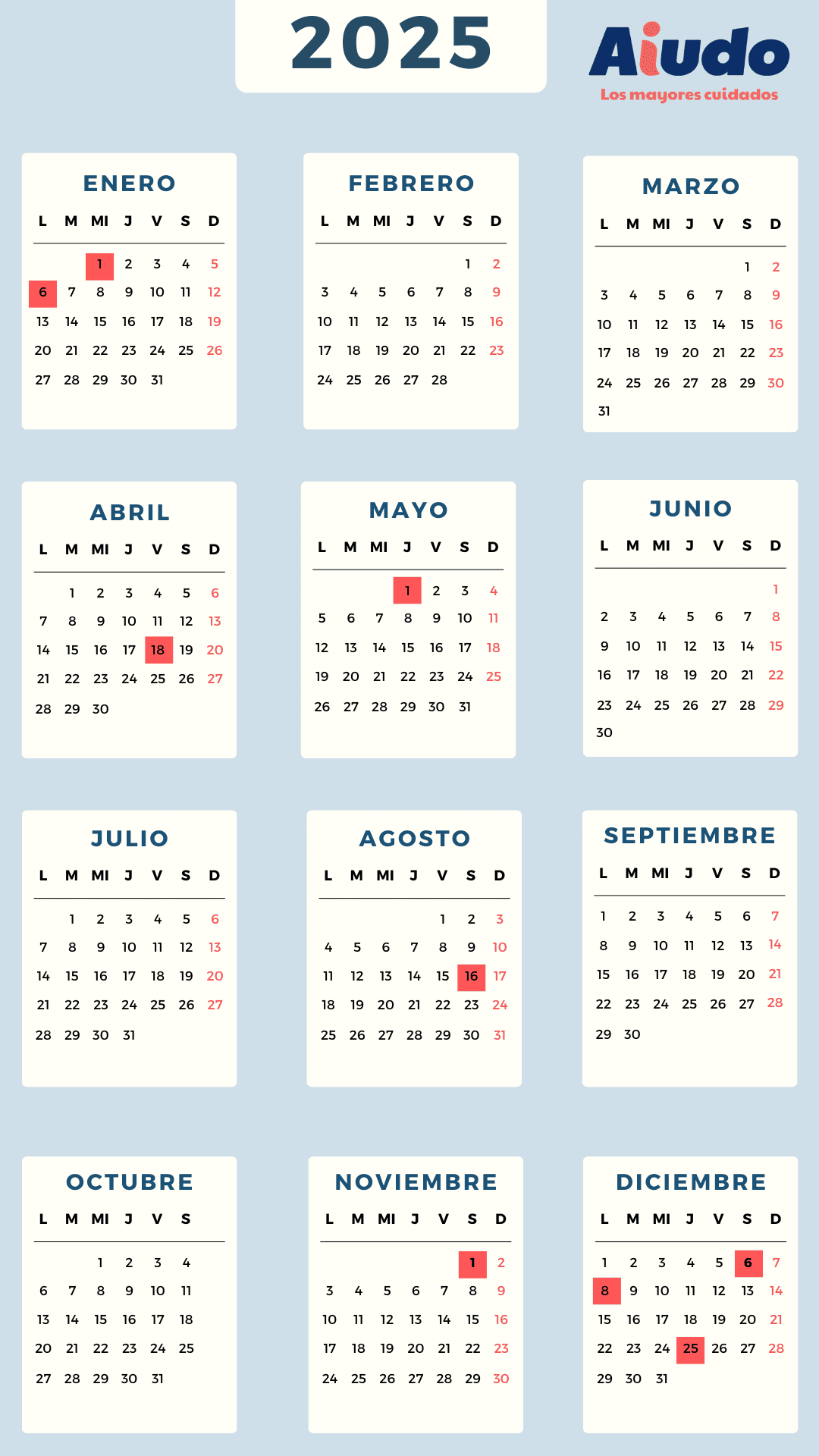 Un calendario que indica todos los días festivos en rojo para el año 2025. 