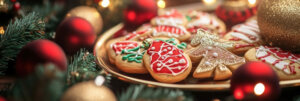 Una bandeja de dulces de Navidad al lado de un árbol de Navidad con adornos.