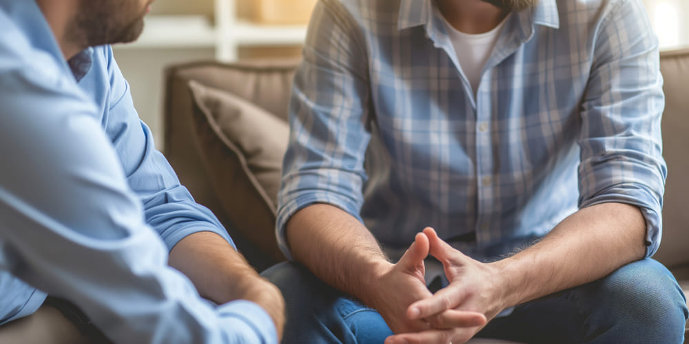 Un cuidador hombre conversa con un señor mayor en el sofá. 