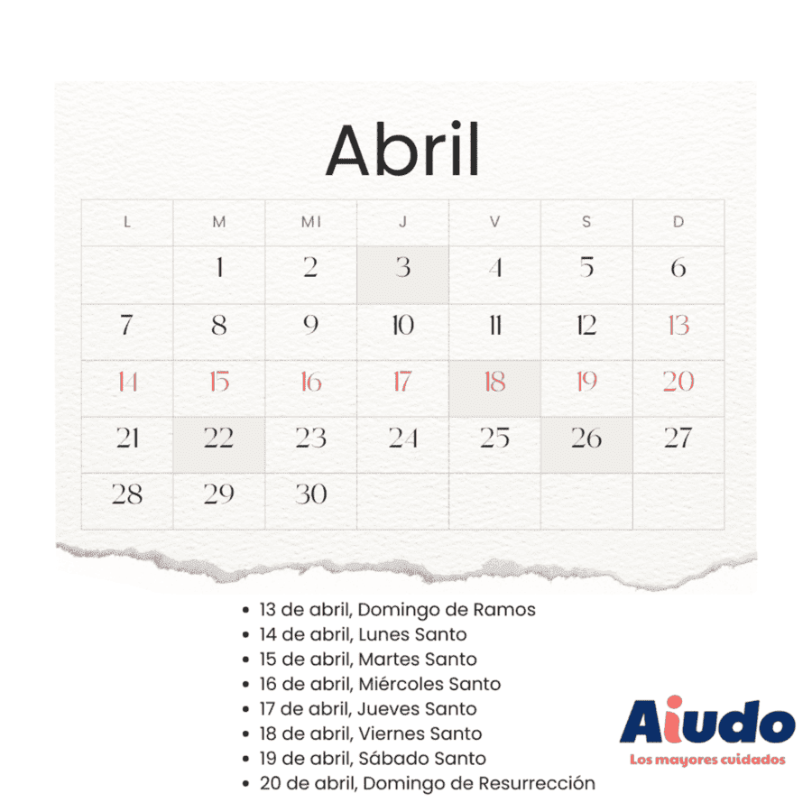 Un calendario del mes de abril de 2025 que marca en rojo del 13 al 20 de ese mes por la Semana Santa. 