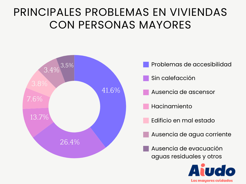 Un gráfico circular que muestra por colores fríos los principales problemas o miedos a los que tienen que hacer frente las personas mayores en las viviendas. 