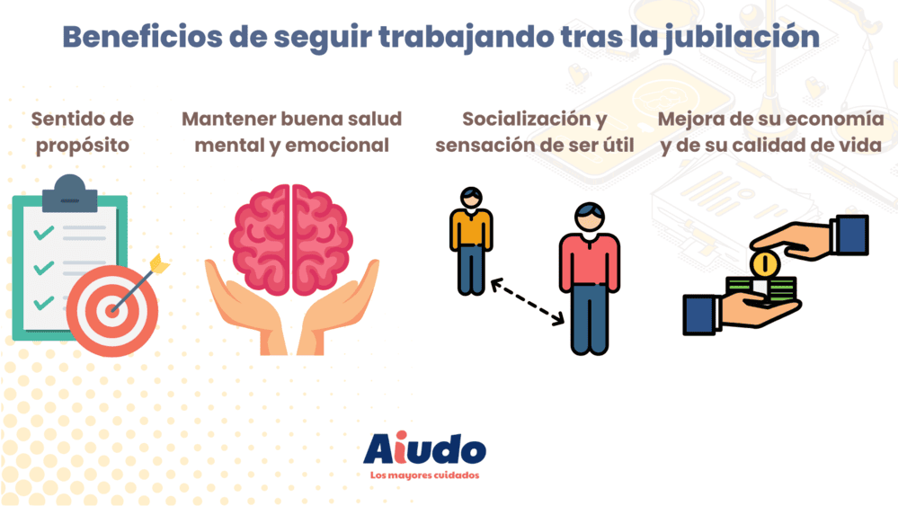 Una ilustración que muestra los beneficios de seguir trabajando tras la jubilación. 
