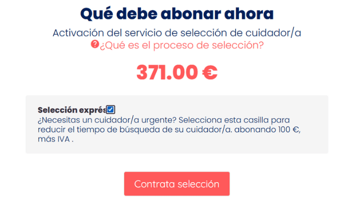 Un presupuesto que marca el precio del servicio de selección de una cuidadora con una llamada a la acción. 