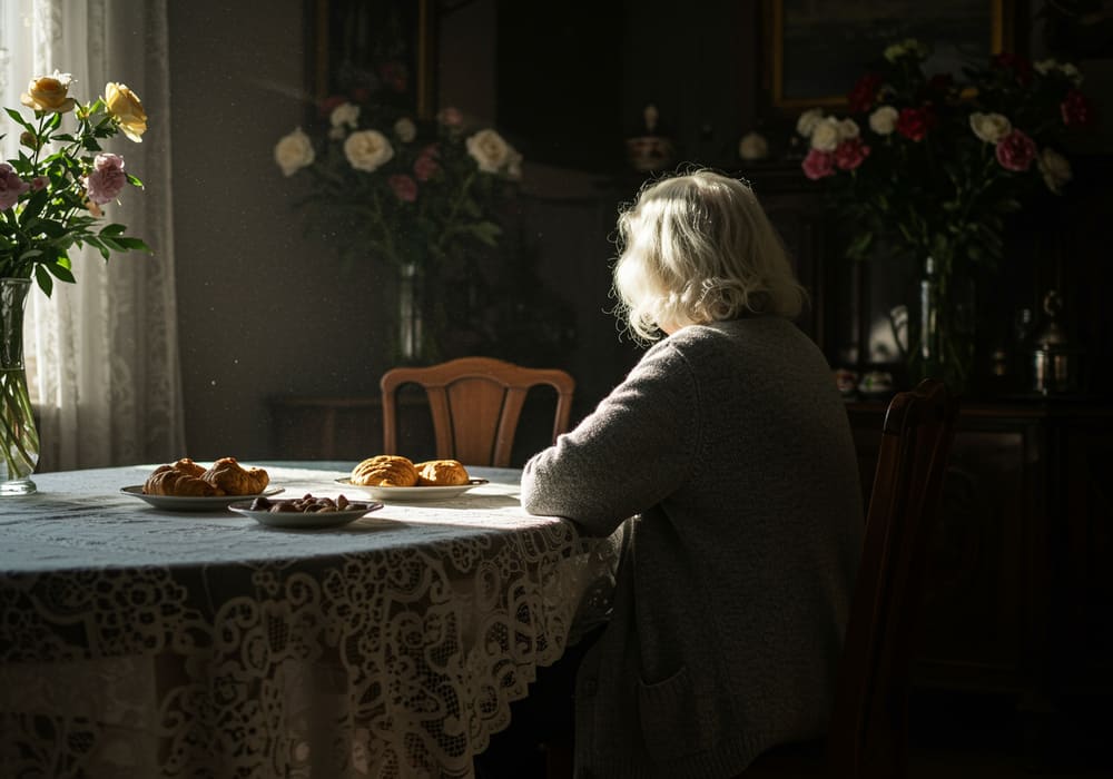 Una imagen de una señora mayior de espaldas sentada en una silla mirando a la ventana. 
