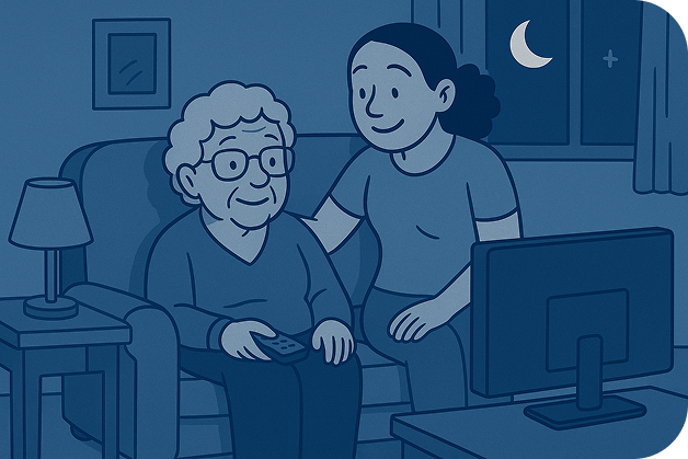 Aiudo Dibujo de anciana y cuidadora viendo la televisión por la noche juntas