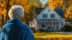 Anciana en el exterior de su vivienda viendo su casa al fondo de manera borrosa.
