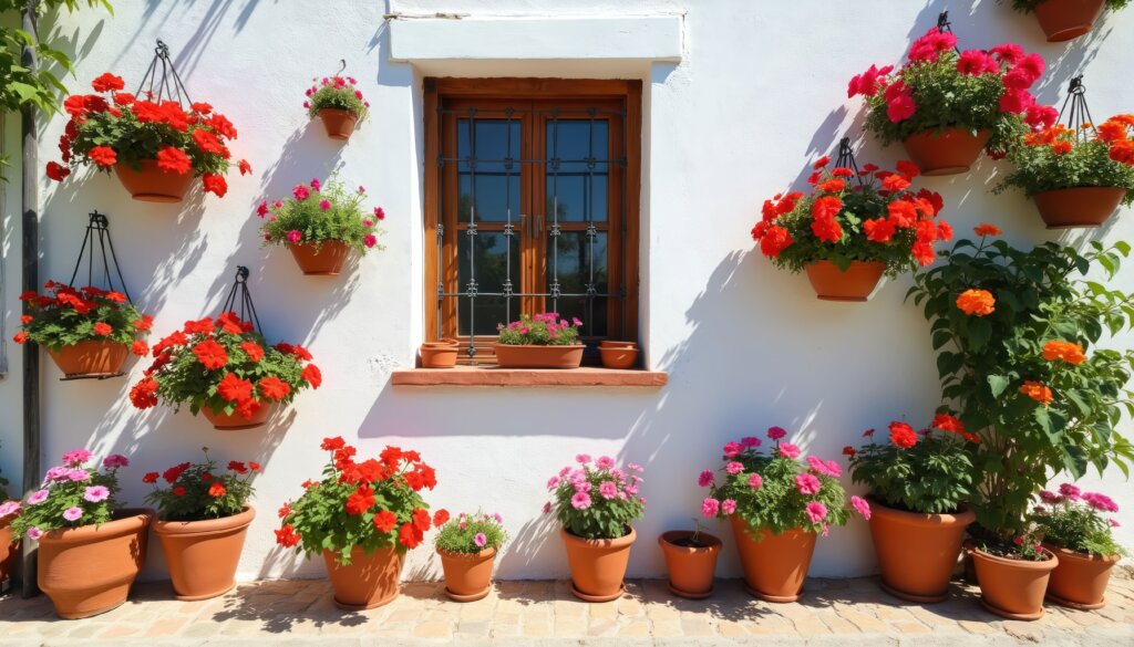 fachada andaluza de Geranios Típica fachada del sur de España blanca con geranios de colores: rojos, rosas, morados en macetas de barro situadas sobre el suelo, la ventana y colgadas en la misma fachada.