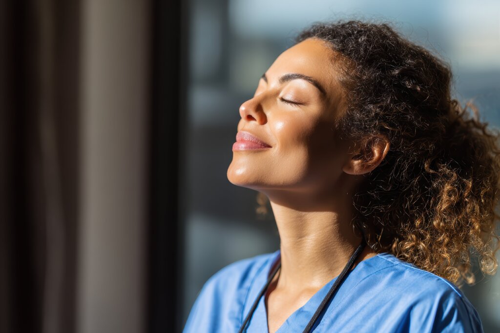 mujer cuidadora con semblante tranquilo cerrando los ojos y tomando el sol 