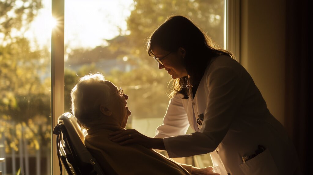 Cuidadora atendiendo con carillo a una persona mayor afable y sonriente en silla de ruedas, de fondo en la ventana se percibe una puesta de sol brillante y un buen día 