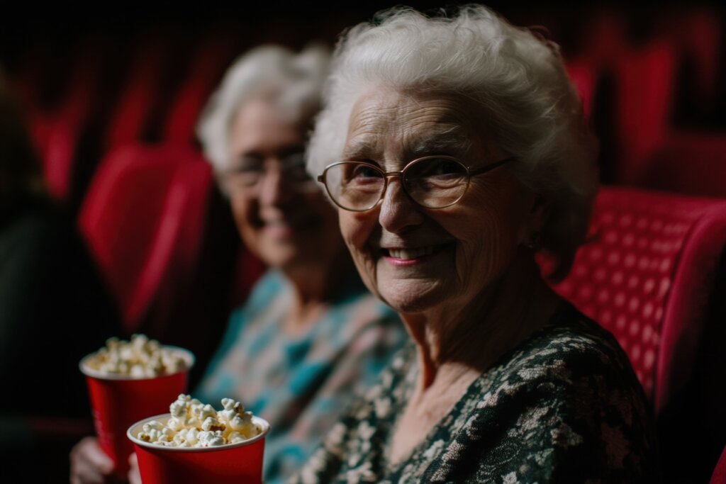 Películas para la tercera edad Dos ancianas con un cubo pequeño de palomitas en las butacas del cine