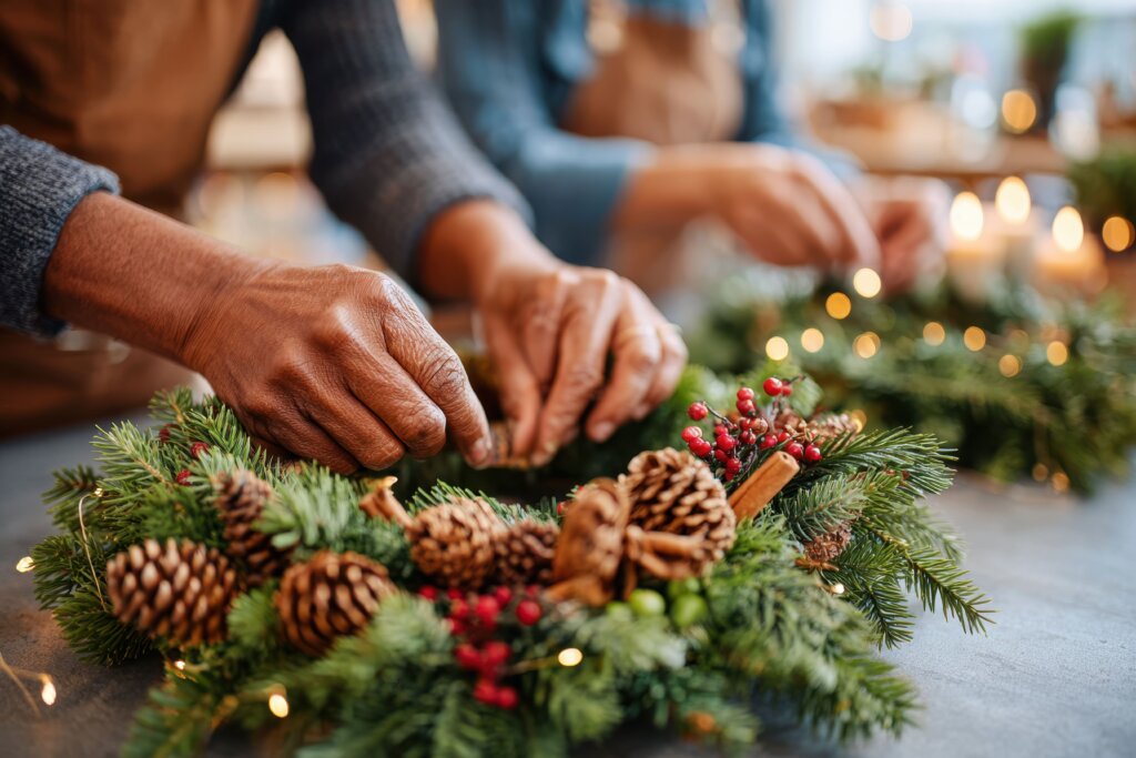 talleres de guirnaldas manos haciendo una guirnalda con pino, piñas y motivos rojos