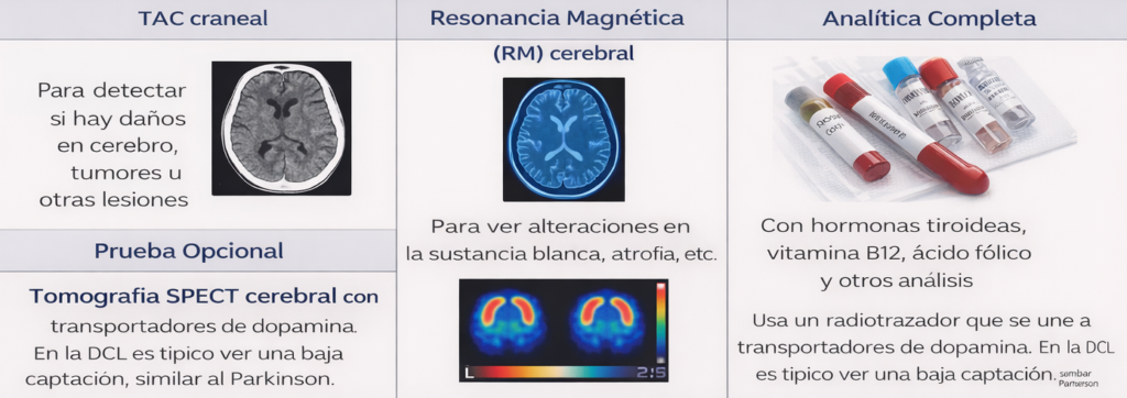 infografía pruebas para diagnosticar la Demencia de Cuerpos de Lewy 