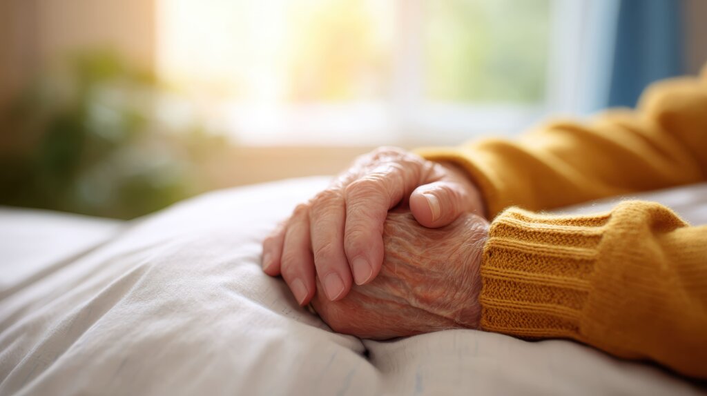 Manos de anciana en la cama sobre un fondo luminoso