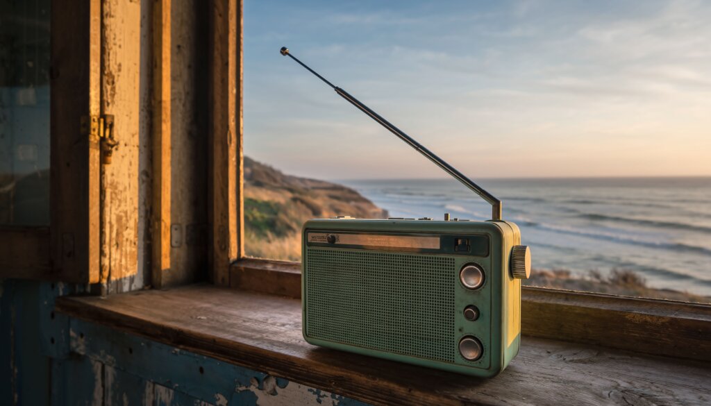 Radio para personas mayores Radio analógica con antena apoyada en la ventana con vistas al mar