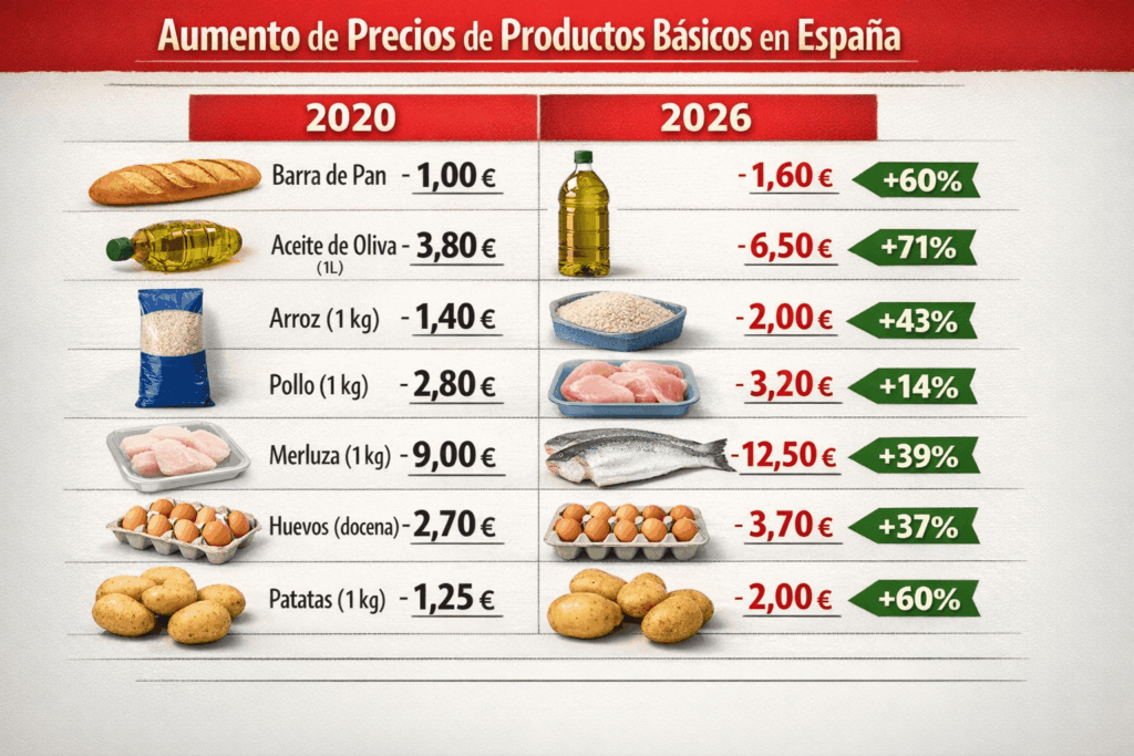 Tabla subida alimentación tabla comparativa de los precios de productos de alimentación básicos en 2020 y como están estos en 2026
