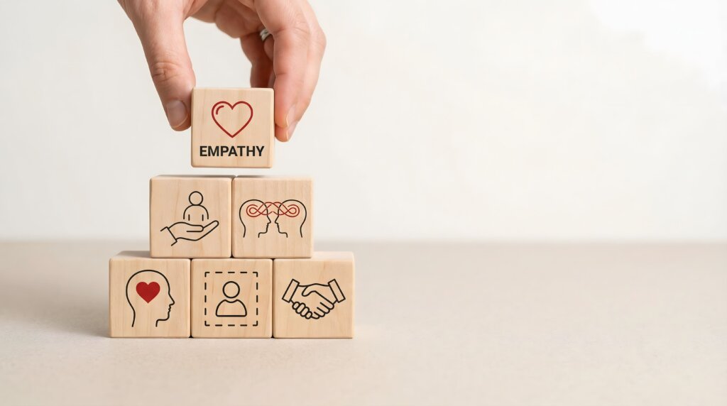 características cuidador de personas mayores cuadrados de madera en los que cada cara representa una característica que deben tener los cuidadores, empatía, inteligencia emocional, don de gentes, etc.