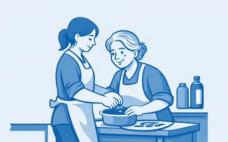 Cuidadora PIA Dibujo de Aiudo cuidadora cocinando junto a la mujer mayor que cuida