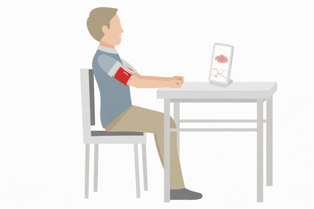 dibujo de una persona tomándose la presión arterial como se indican en las instrucciones de este post. Sentado, con el brazo a la altura del corazón y relajado