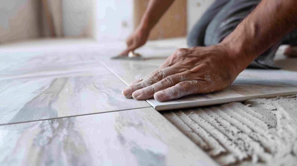 manos de obra poniendo azulejos en el suelo manos de obra insertando azulejos en el suelo