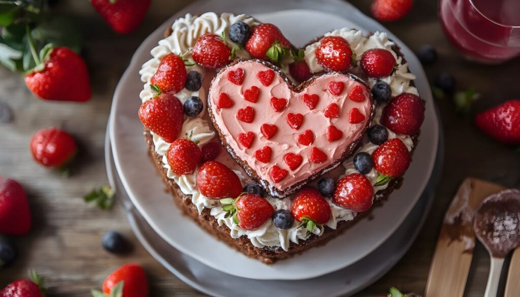 Tarta Día del Padre Tarta para el día del padre con forma de corazón de fresas y nata.