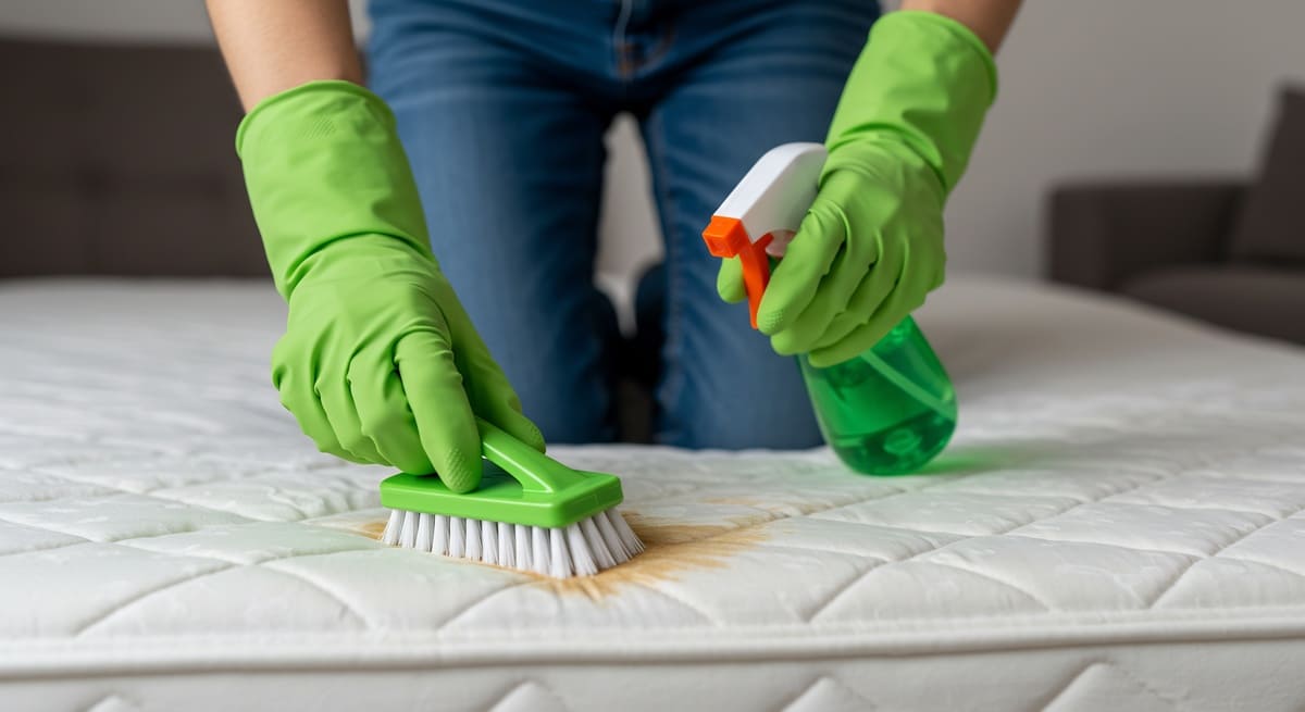 Limpieza de colchón ancianos Persona con guantes, cepillo y frasco pulverizador limpiando mancha en el colchón.