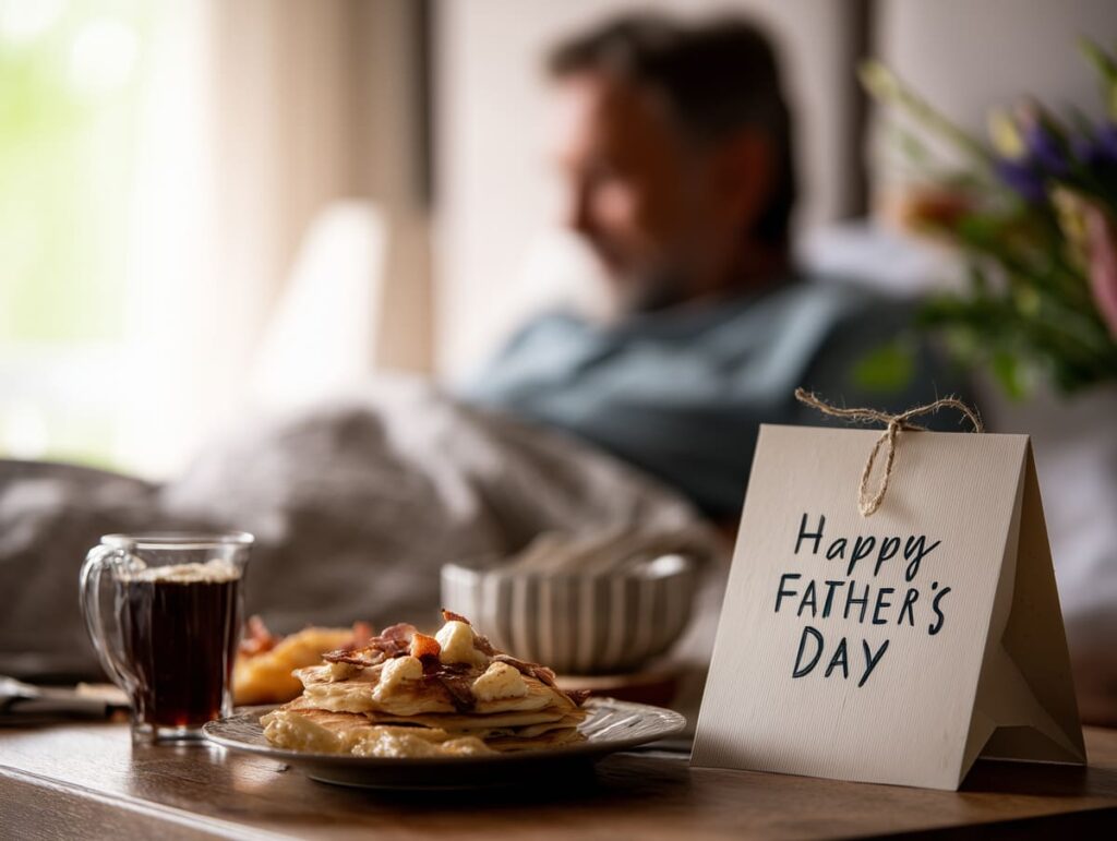 Desayuno Día del Padre Desayuno sorpresa en la cama por el Día del Padre junto a un regalo.