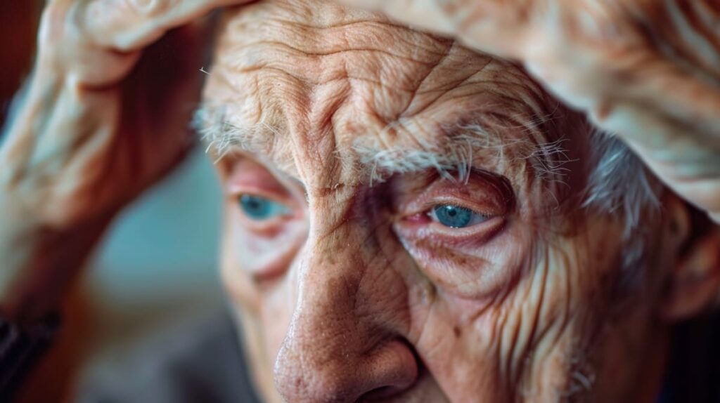 signos neurológicos ictus Primer plano de persona mayor con expresión de preocupación con las manos en la cabeza.