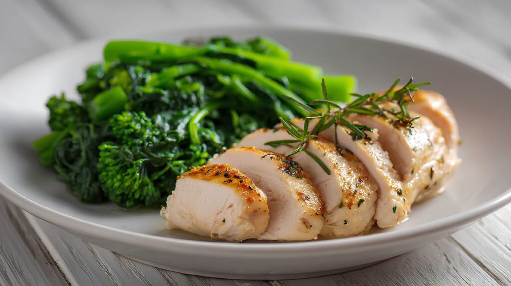 Menú semanal dieta sin sal Idea de comida nutritiva y saludable baja en sal: pollo cocinado a baja temperatura con especias y brócoli.